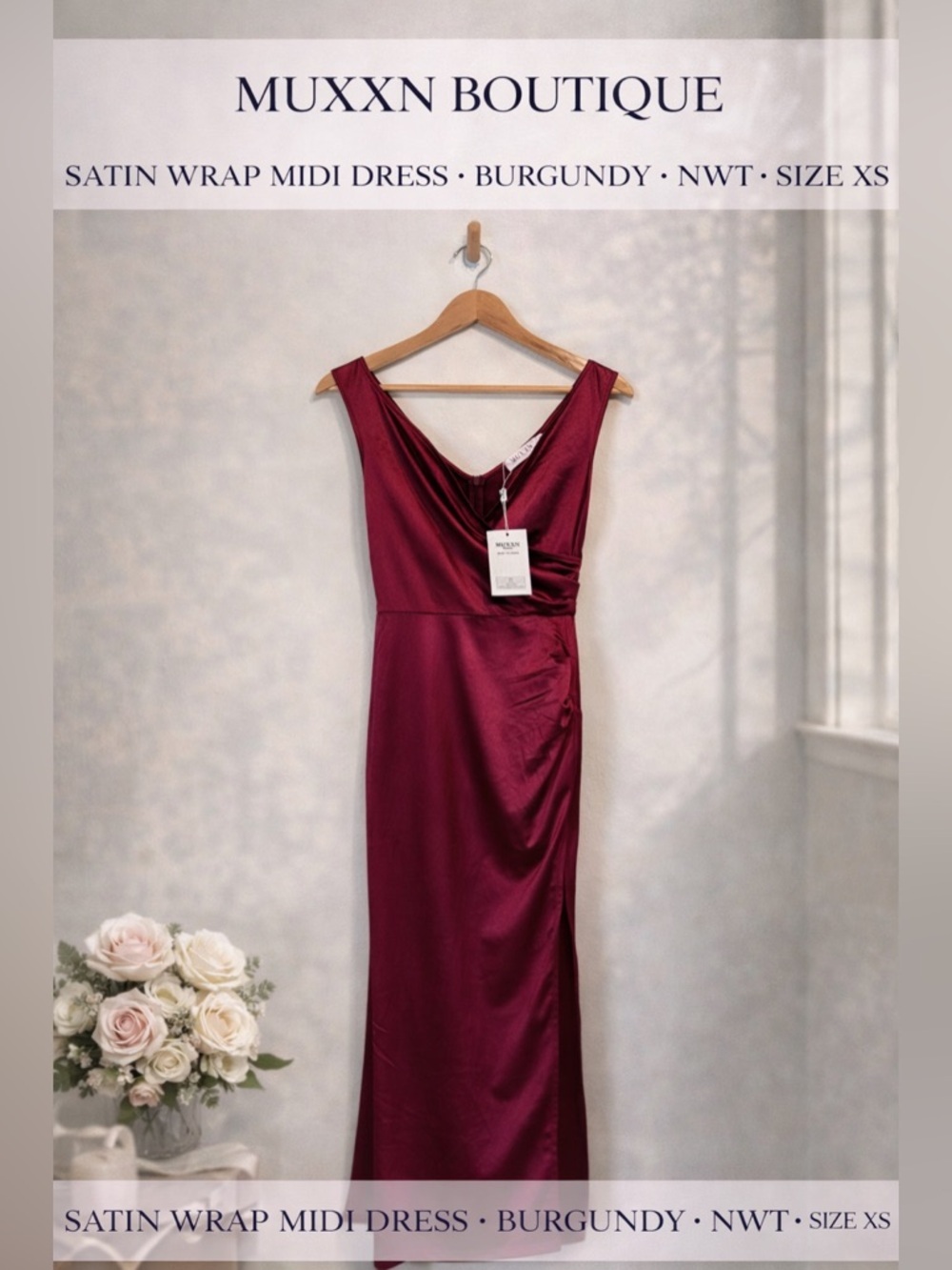 MUXXN Boutique Satin Wrap Midi Dress Burgundy NWT Size XS